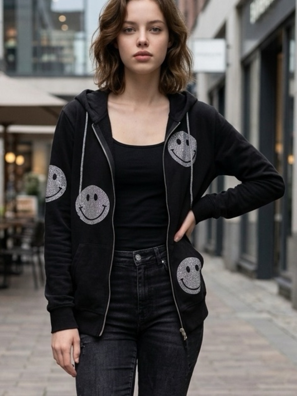 SUZY T designs Black Hoodie with Sequined Smiley Face Patches